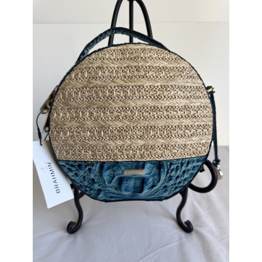Brahmin Mantle Lane Lagoon Straw Circle Blue Green Leather Crossbody NEW